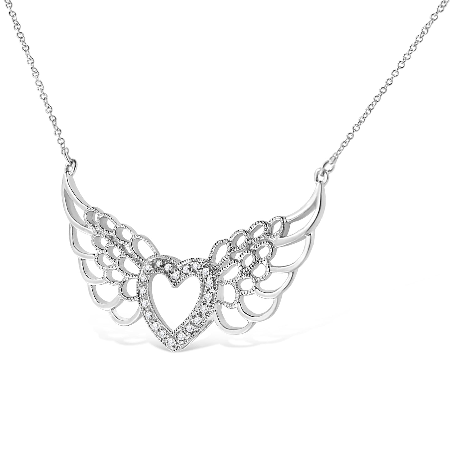 .925 Sterling Silver Pave-Set Diamond Accent Fairy Wing 18" Heart Pendant Necklace (I-J Color, I1-I2 Clarity) Bids.com
