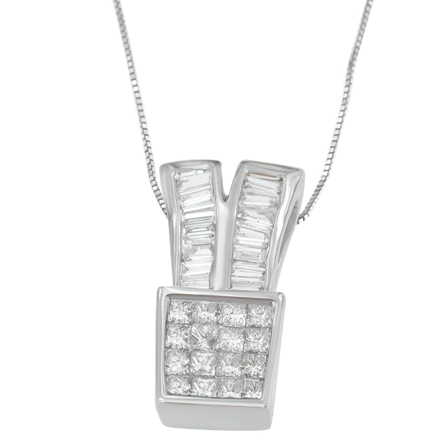 14K White Gold 1 1/3 cttw Princess and Baguette Cut Diamond Sparkling Shapes Pendant Necklace (H-I, SI1-SI2) Bids.com
