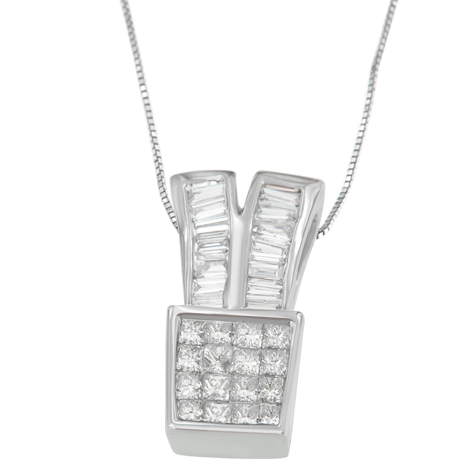 14K White Gold 1 1/3 cttw Princess and Baguette Cut Diamond Sparkling Shapes Pendant Necklace (H-I, SI1-SI2) Bids.com