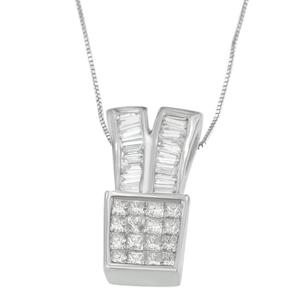 14K White Gold 1 1/3 cttw Princess and Baguette Cut Diamond Sparkling Shapes Pendant Necklace (H-I, SI1-SI2) Bids.com