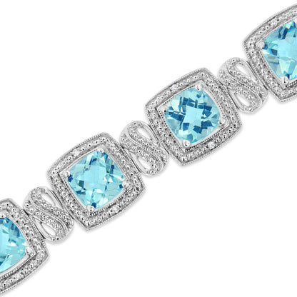 .925 Sterling Silver 7x7 mm Cushion Cut Blue Topaz and 1/10 Ctw Single Cut Diamond Square Shape Tennis Bracelet (I-J Color, I1-I2 Clarity) - 7" Bids.com