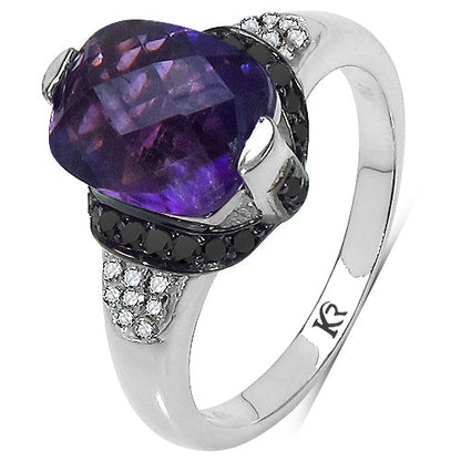 3.71 Carat Genuine Amethyst, Black Diamond & White Diamond .925 Sterling Silver Ring Bids.com