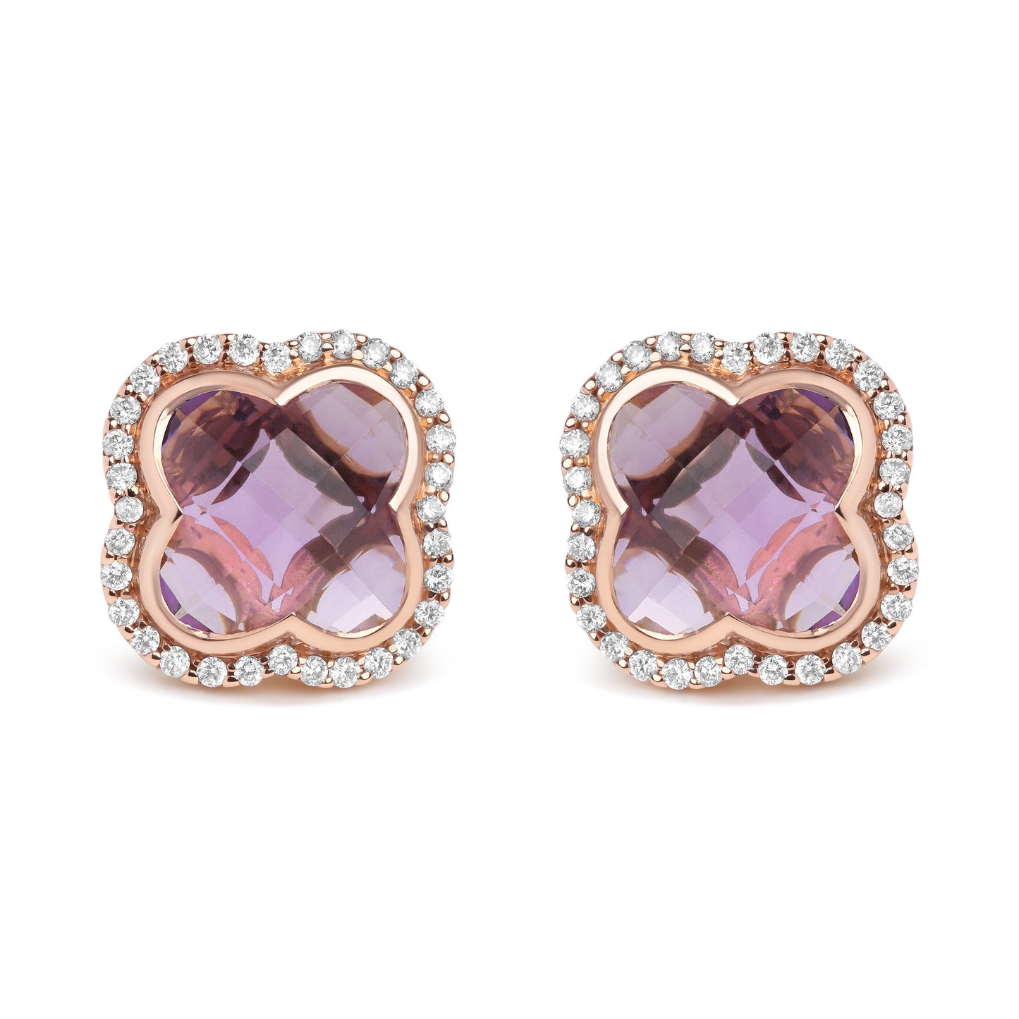 18K Rose Gold 3/8 Cttw Diamond and 11x11mm Clover-Cut Purple Amethyst Gemstone Clover Halo Stud Earrings (G-H Color, SI1-SI2 Clarity) Bids.com