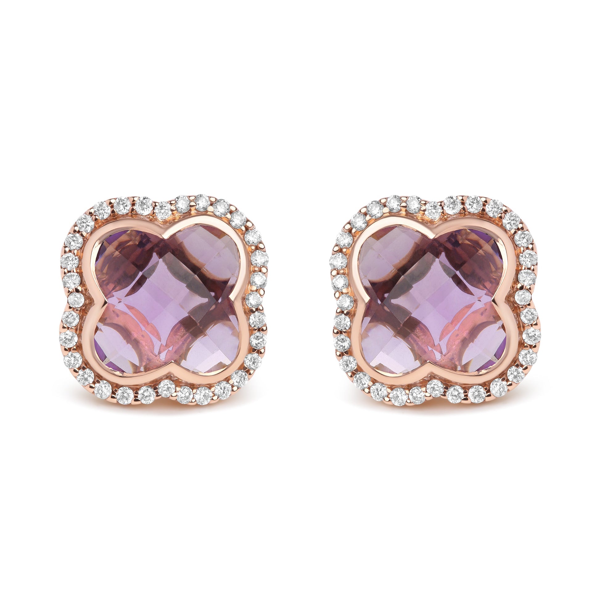 18K Rose Gold 3/8 Cttw Diamond and 11x11mm Clover-Cut Purple Amethyst Gemstone Clover Halo Stud Earrings (G-H Color, SI1-SI2 Clarity) Bids.com