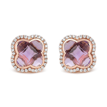 18K Rose Gold 3/8 Cttw Diamond and 11x11mm Clover-Cut Purple Amethyst Gemstone Clover Halo Stud Earrings (G-H Color, SI1-SI2 Clarity) Bids.com