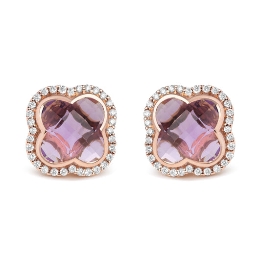18K Rose Gold 3/8 Cttw Diamond and 11x11mm Clover-Cut Purple Amethyst Gemstone Clover Halo Stud Earrings (G-H Color, SI1-SI2 Clarity) Bids.com