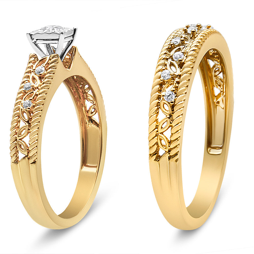 14K Yellow Gold Plated .925 Sterling Silver 1/5 Cttw Diamond Art Deco Style Engagement Ring Bridal Set (I-J Color, I3 Clarity) - Ring Size 7 Bids.com