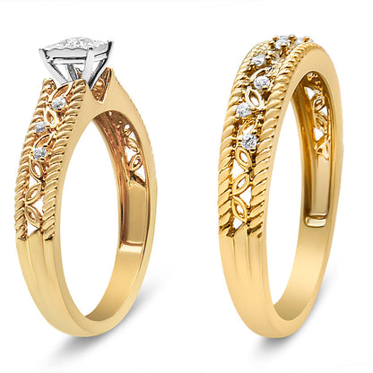 14K Yellow Gold Plated .925 Sterling Silver 1/5 Cttw Diamond Art Deco Style Engagement Ring Bridal Set (I-J Color, I3 Clarity) - Ring Size 7 Bids.com
