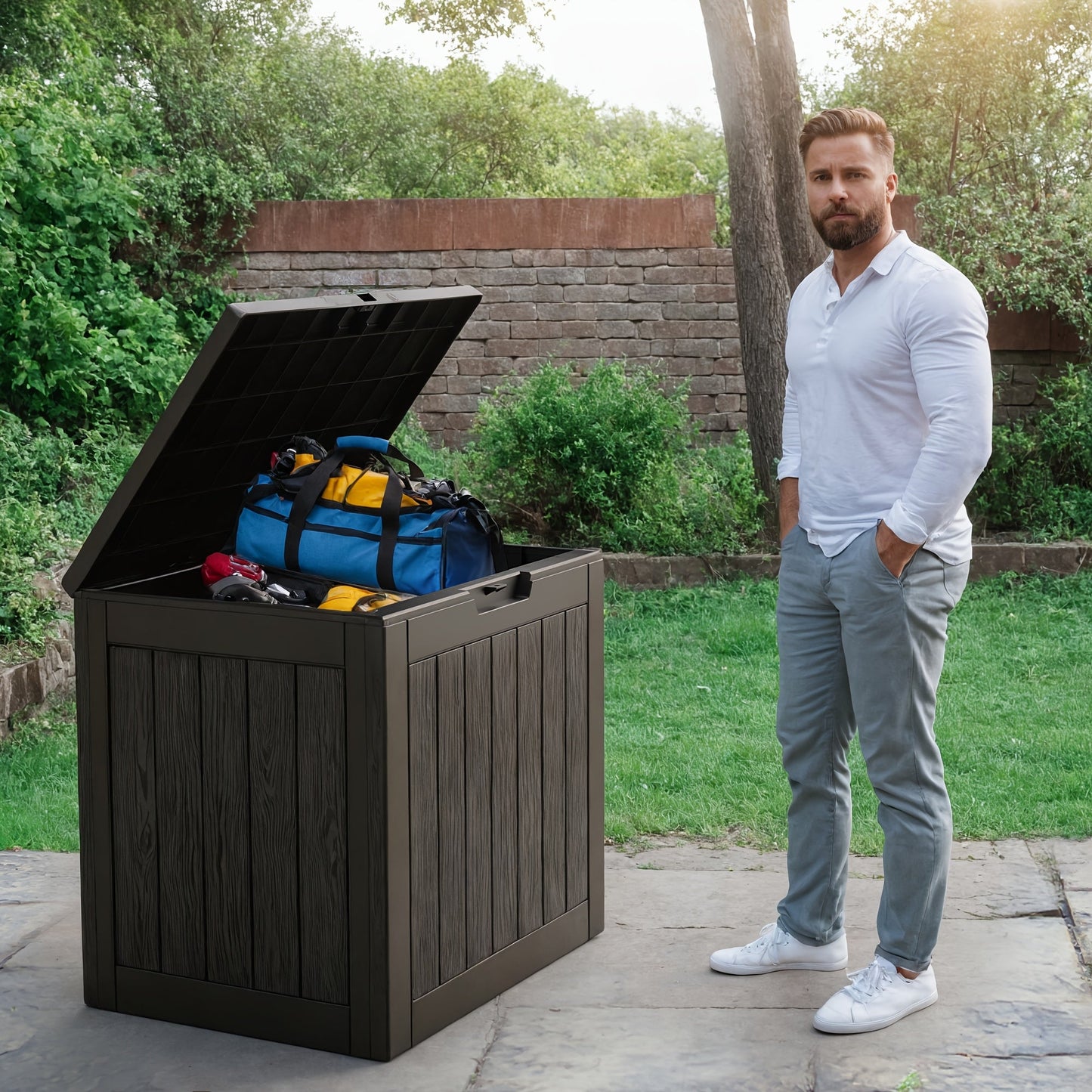 35 Gallon Outdoor Resin Storage Box – Black/Wood Grain DailySale