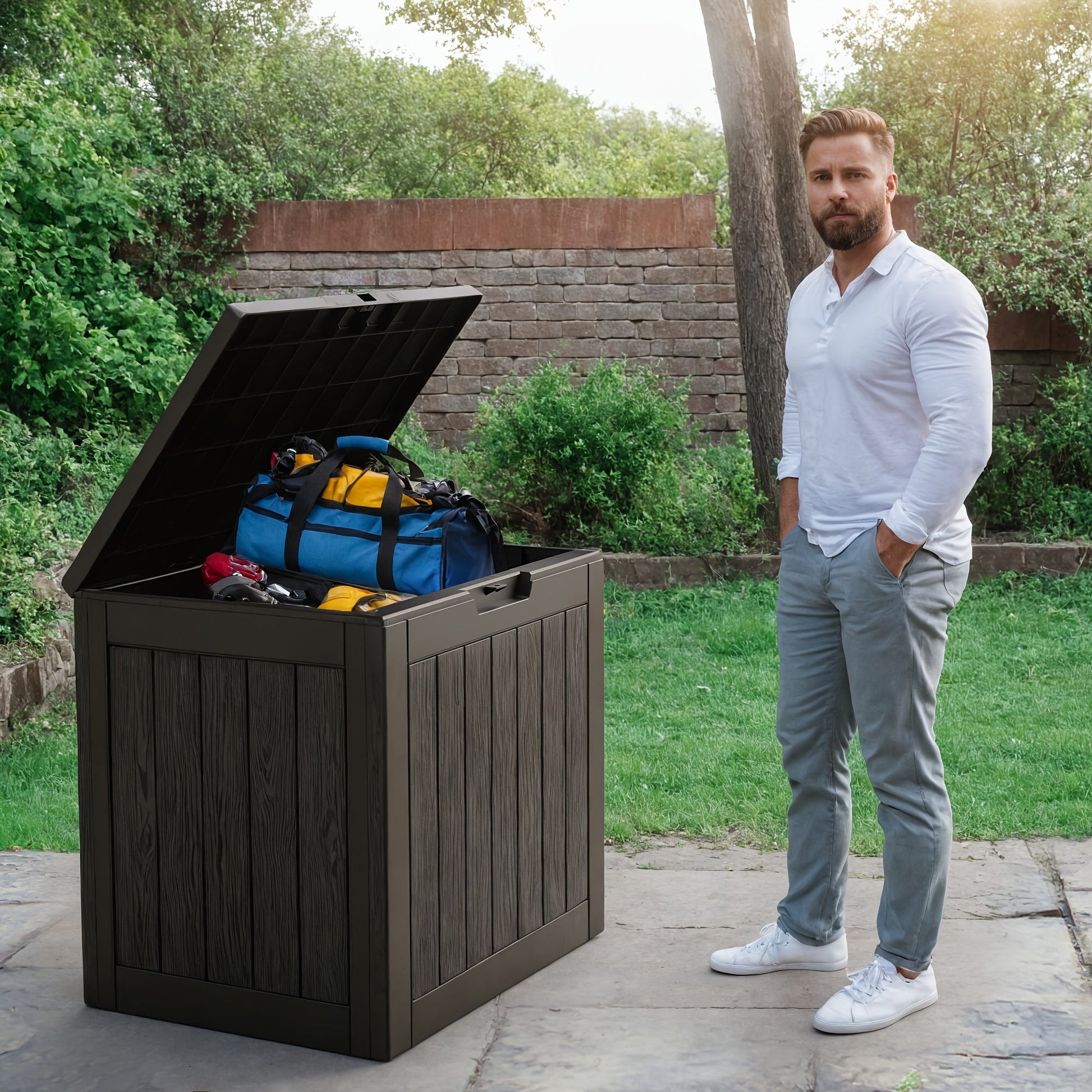 35 Gallon Outdoor Resin Storage Box – Black/Wood Grain DailySale