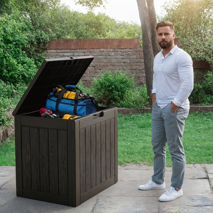 35 Gallon Outdoor Resin Storage Box – Black/Wood Grain DailySale
