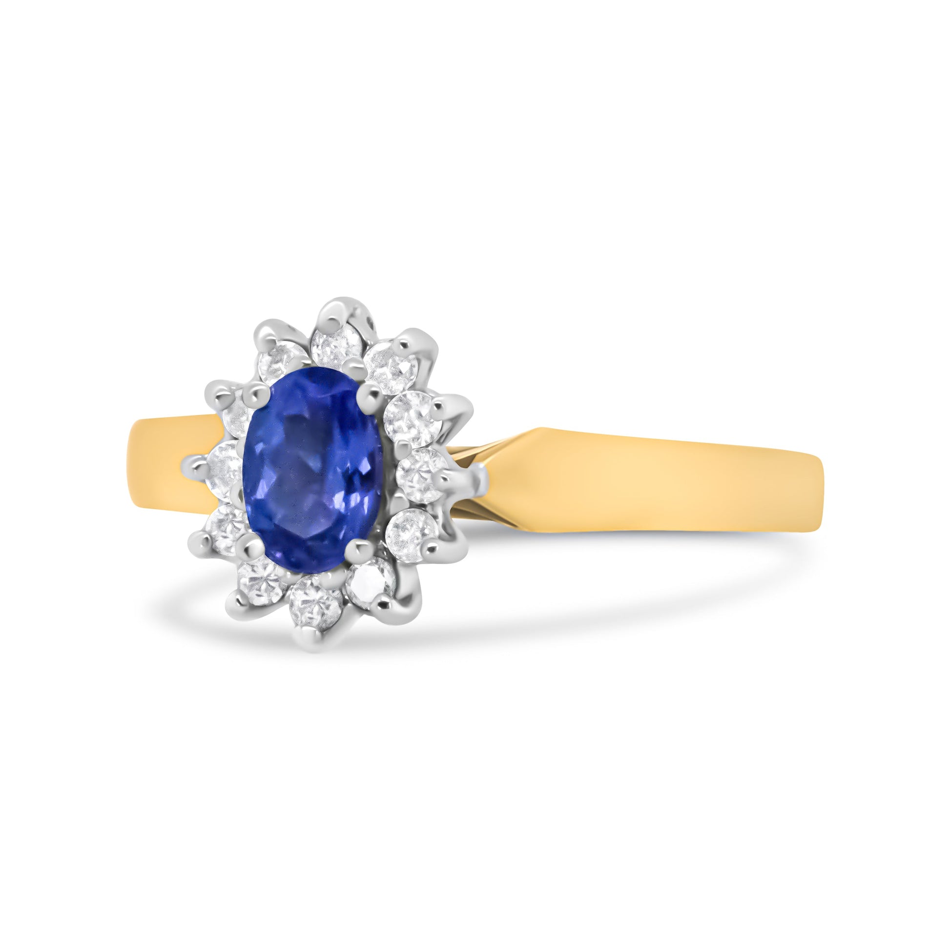 14K Yellow Gold 1/5 Cttw Round Diamond and 6x4mm Oval Blue Tanzanite Halo Ring (H-I Color, I1-I2 Clarity) - Size 7.75 Bids.com