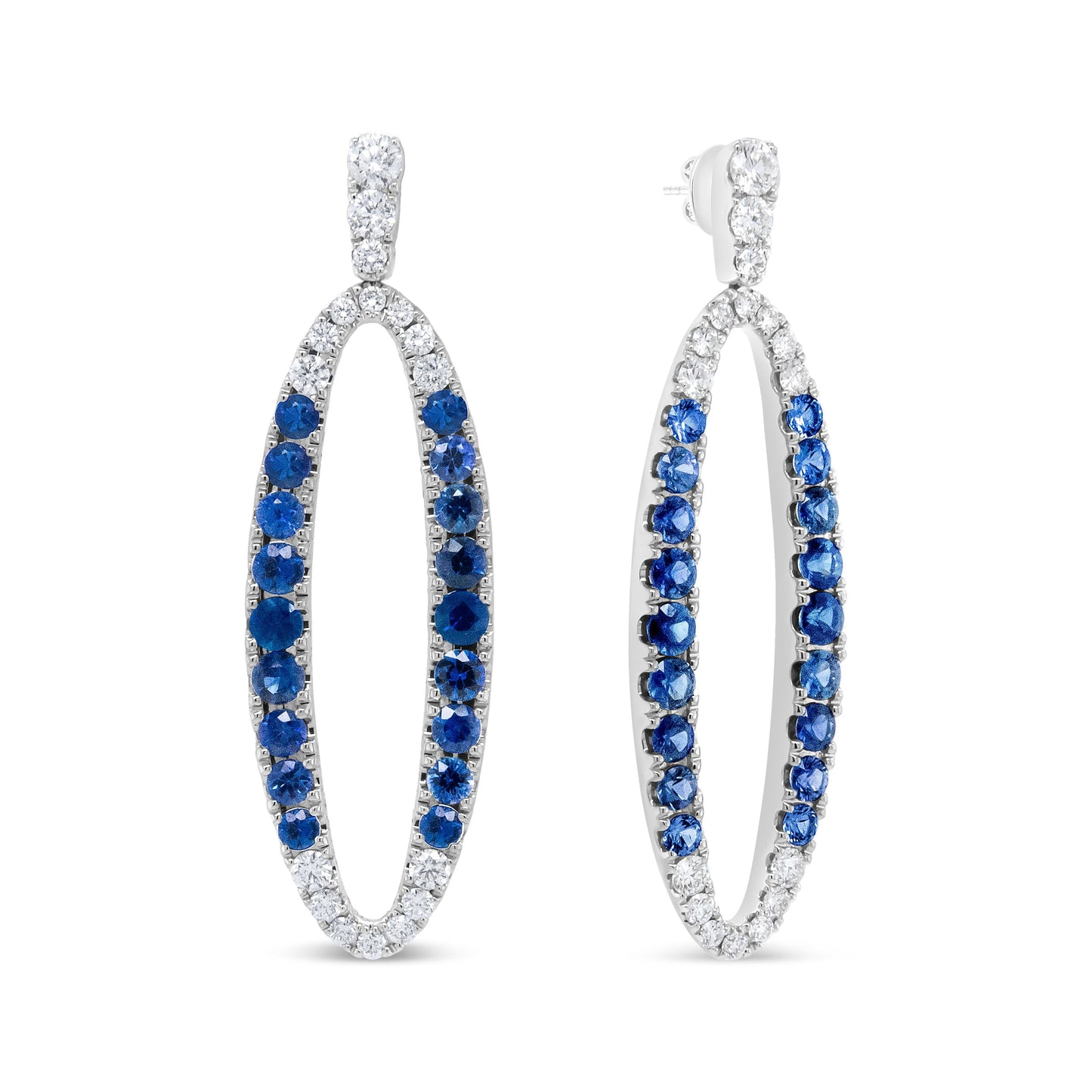 18K White Gold 1.11 Cttw Blue Round Diamond and Blue Sapphire Openwork Oval Shaped Dangle Earrings (F-G Color, VS1-VS2 Clarity) Bids.com