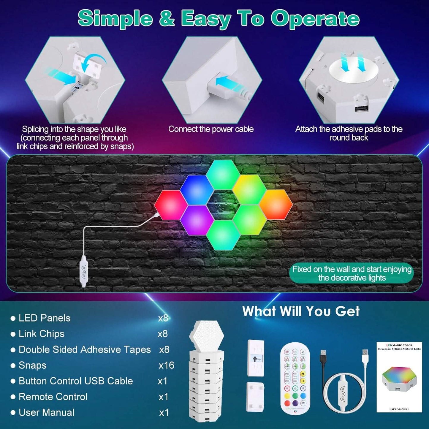 8-Piece: Hexagon Light Panels RGBW Colorful Splicing Wall Lamps DailySale