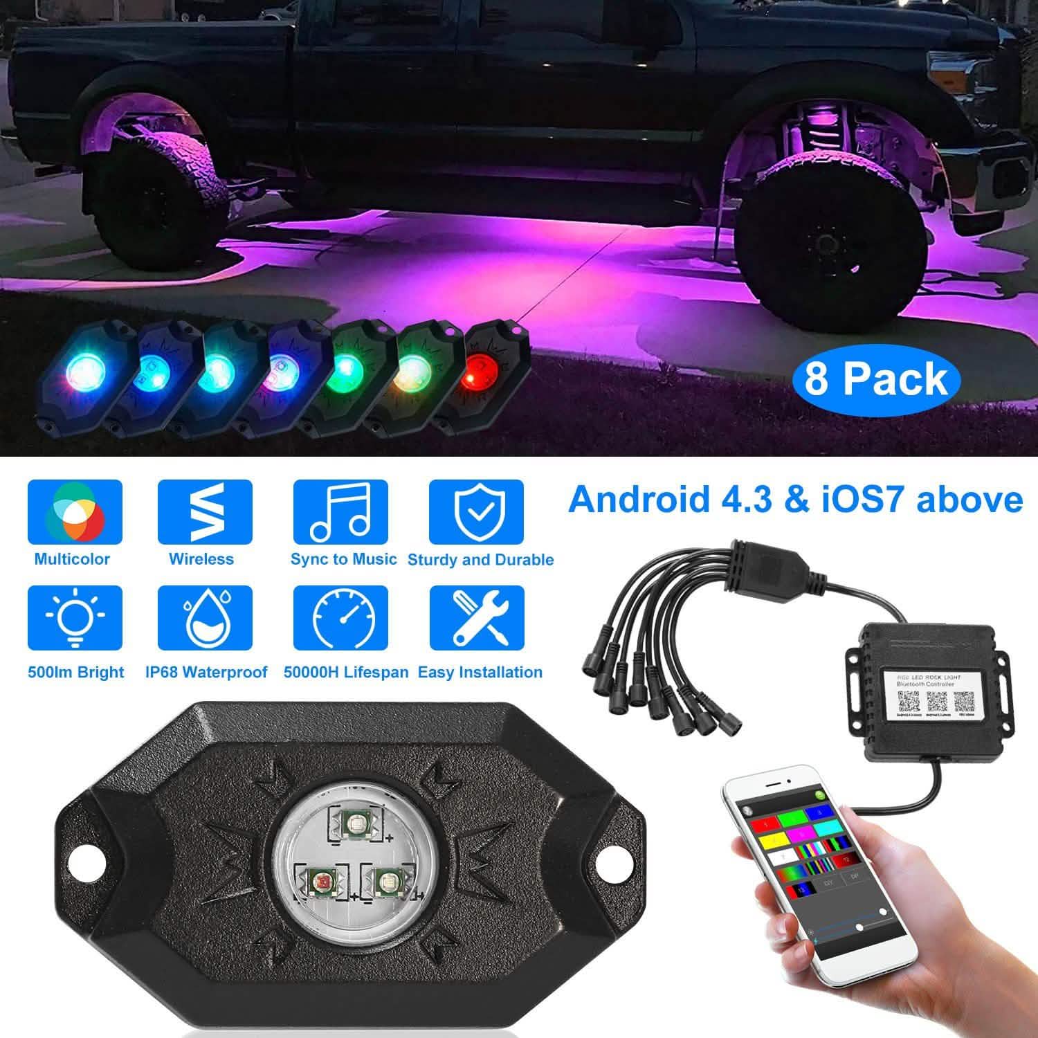 8-Pieces: Auto RGB LED Rock Light Kit DailySale