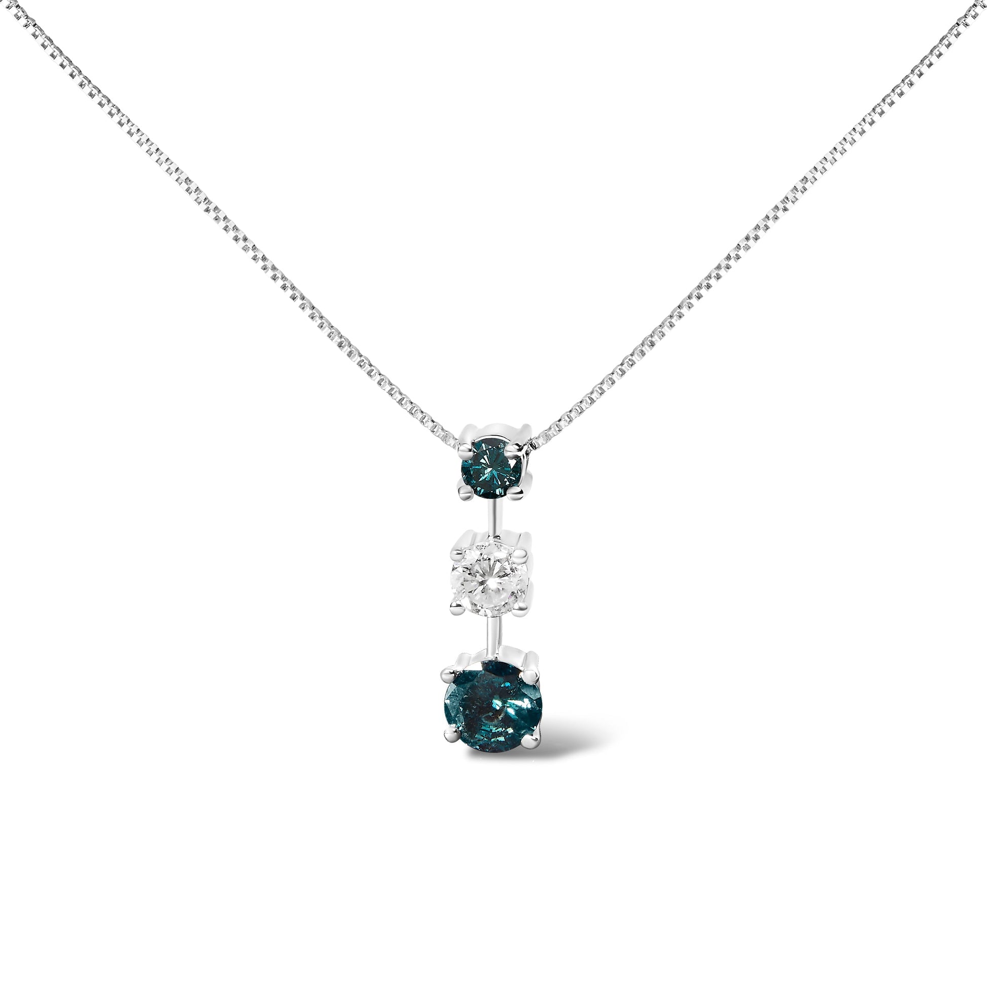 14K White Gold 1 1/2 Cttw Treated Blue and White Diamond 3-Stone 18" Pendant Necklace (Blue/H-I Color, I1-I2 Clarity) Bids.com