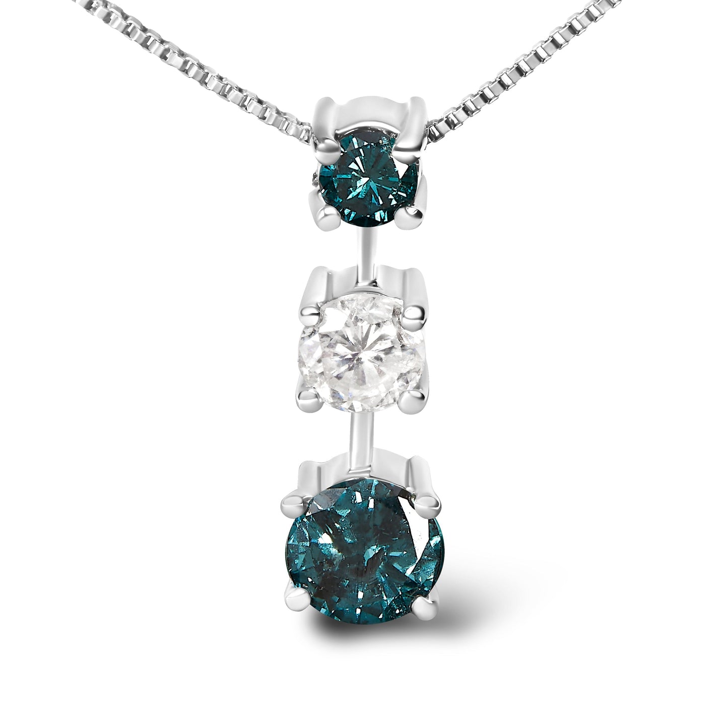 14K White Gold 1 1/2 Cttw Treated Blue and White Diamond 3-Stone 18" Pendant Necklace (Blue/H-I Color, I1-I2 Clarity) Bids.com