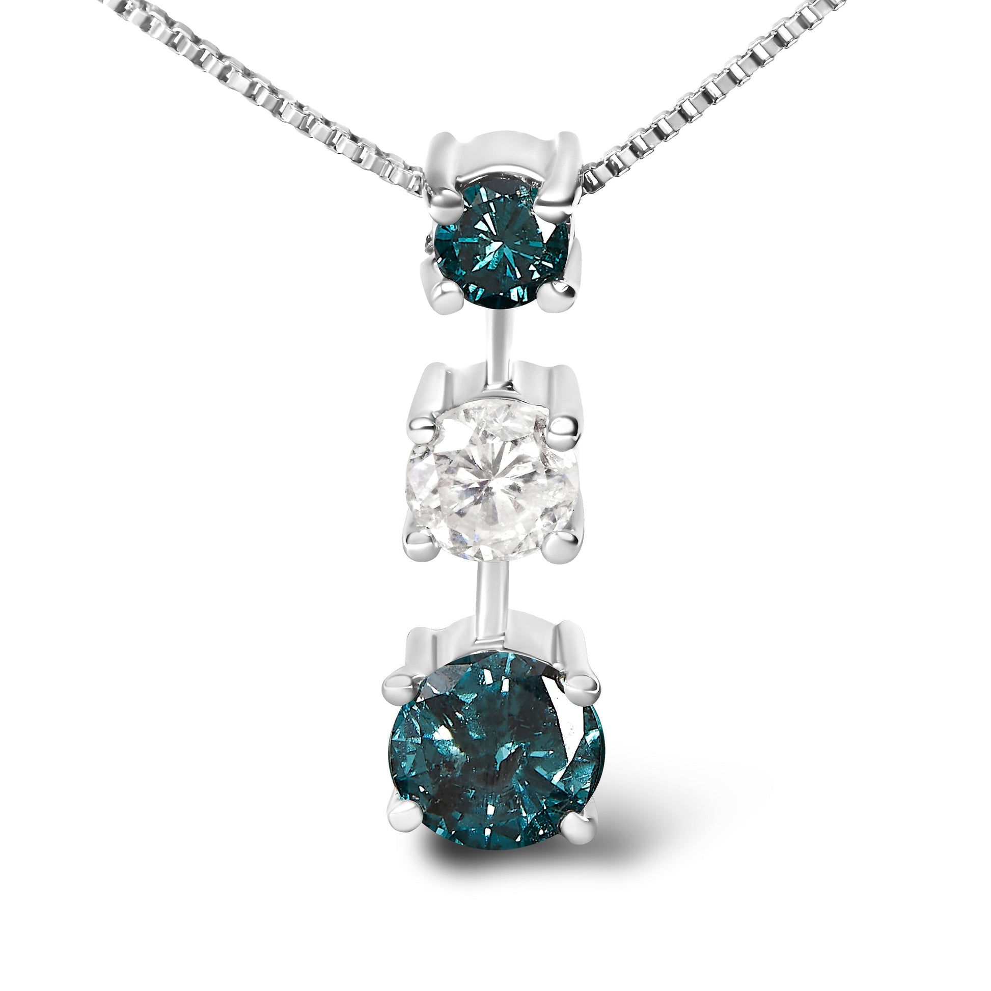 14K White Gold 1 1/2 Cttw Treated Blue and White Diamond 3-Stone 18" Pendant Necklace (Blue/H-I Color, I1-I2 Clarity) Bids.com