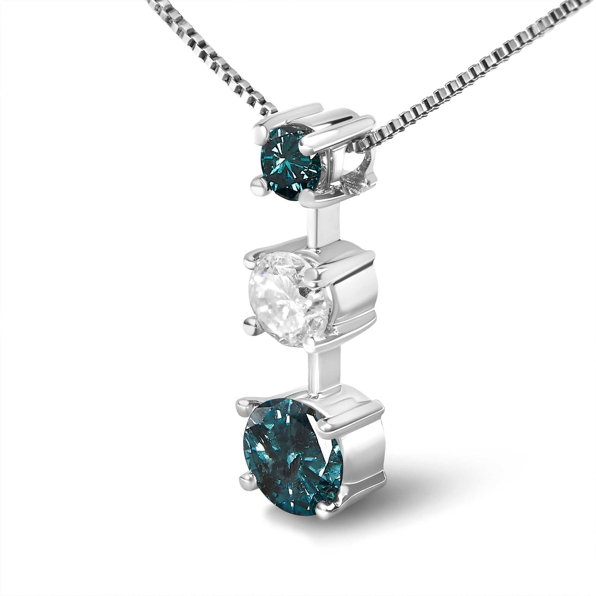 14K White Gold 1 1/2 Cttw Treated Blue and White Diamond 3-Stone 18" Pendant Necklace (Blue/H-I Color, I1-I2 Clarity) Bids.com