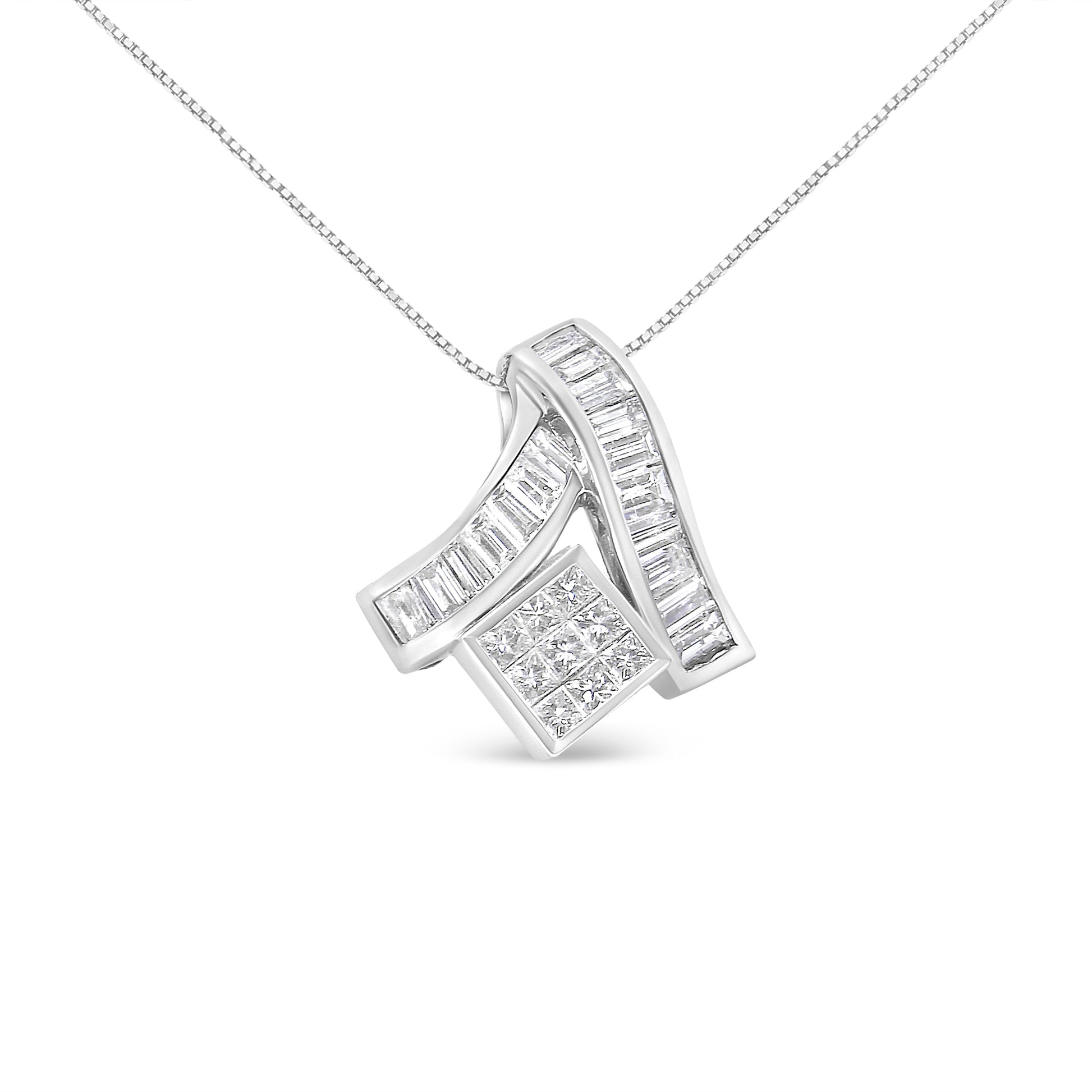 14K White Gold 1 7/8 cttw Princess and Baguette Cut Mixed Geometry Diamond Pendant Necklace (G-H, SI1-SI2) Bids.com