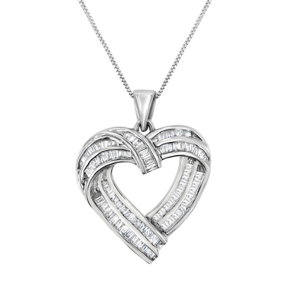 Sterling Silver 7/8 cttw Baguette Diamond Heart Pendant Necklace (I-J, I2-I3) Bids.com