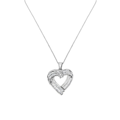 Sterling Silver 7/8 cttw Baguette Diamond Heart Pendant Necklace (I-J, I2-I3) Bids.com