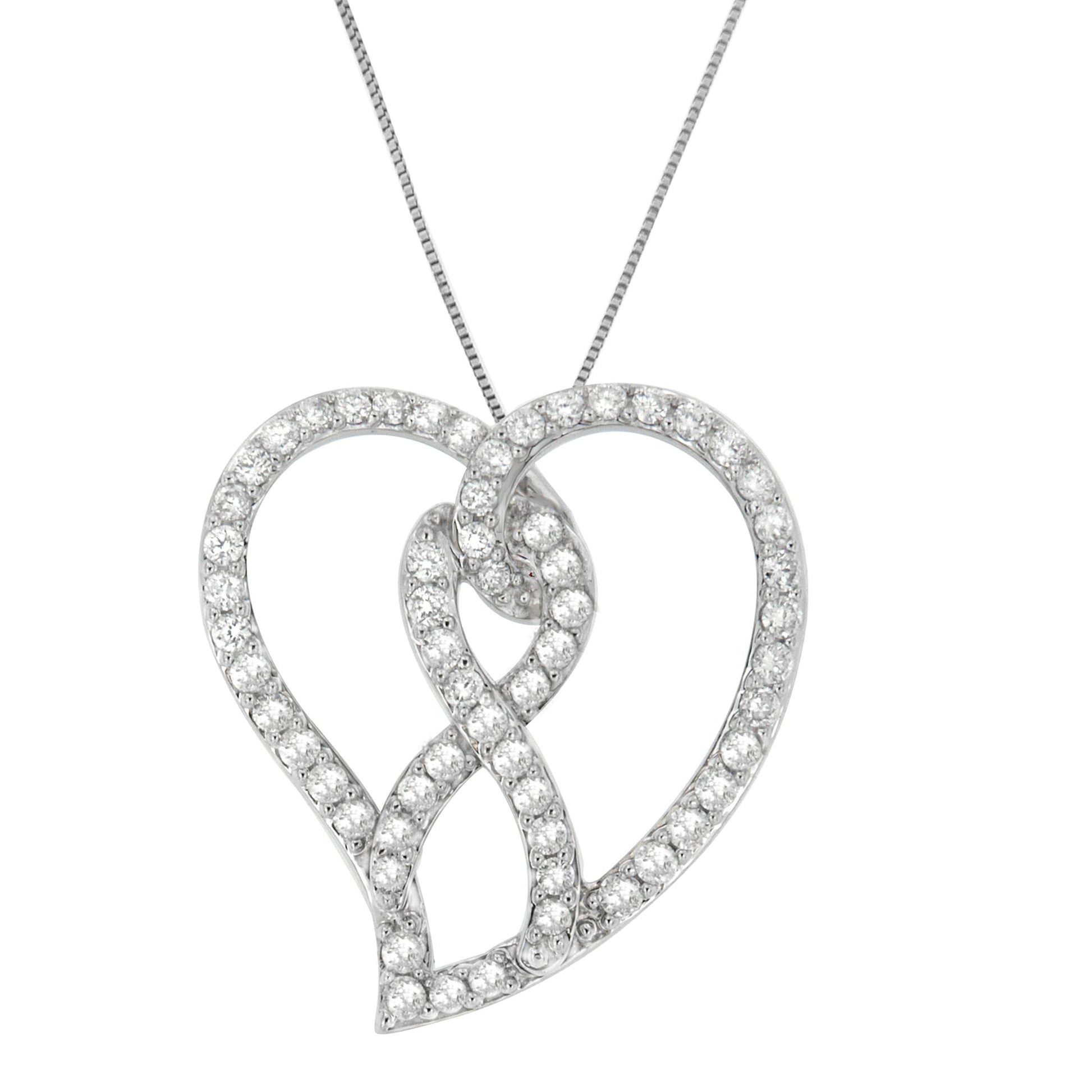 14K White Gold 1.0 Cttw White Diamond Awareness Ribbon & Open Heart 18" Pendant Necklace (H-I Color, I1-I2 Clarity) - White Diamond Ribbon Bids.com