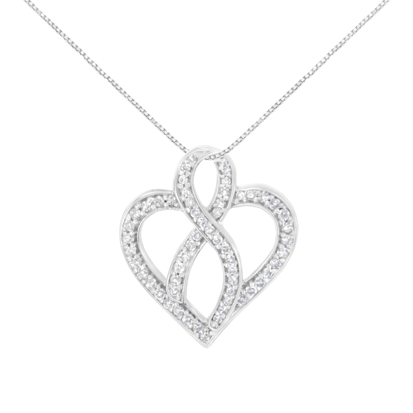 14K White Gold 1/4 cttw Round Cut Diamond Heart and Ribbon Center Pendant Necklace (H-I, I1-I2) Bids.com
