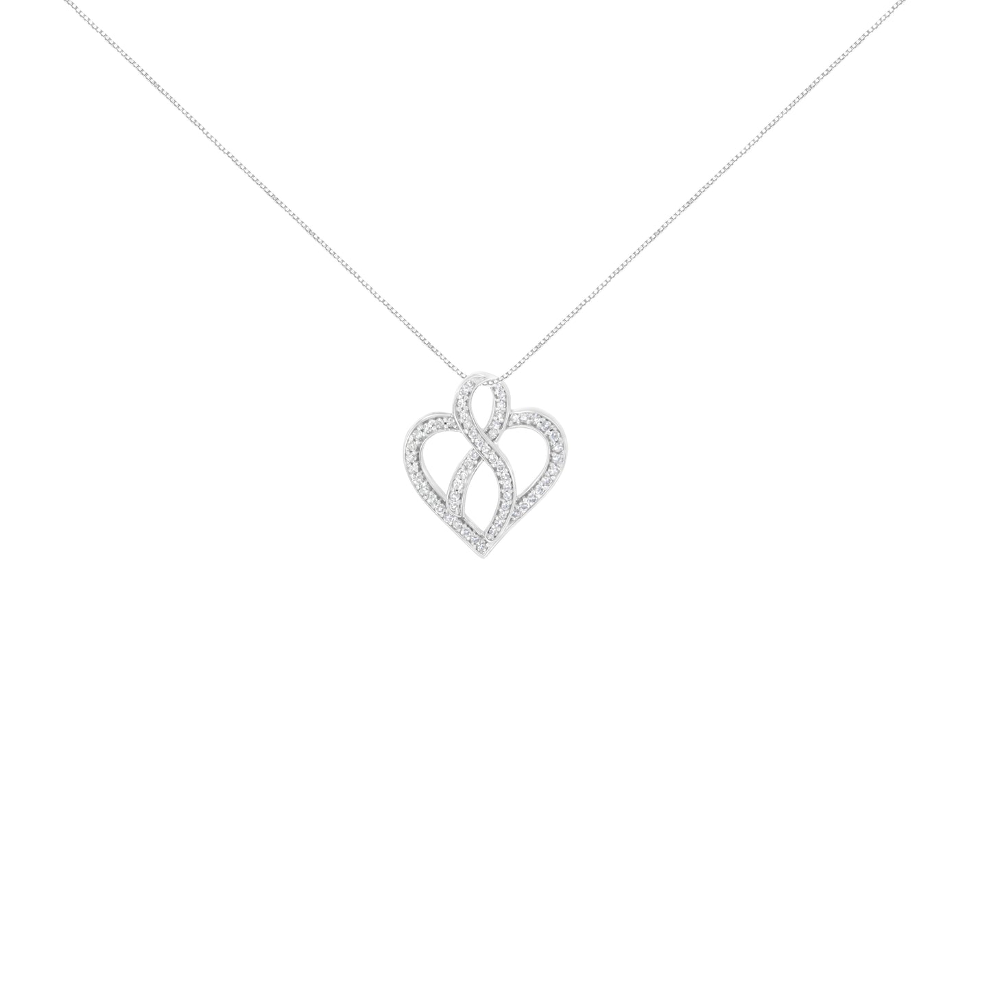 14K White Gold 1/4 cttw Round Cut Diamond Heart and Ribbon Center Pendant Necklace (H-I, I1-I2) Bids.com