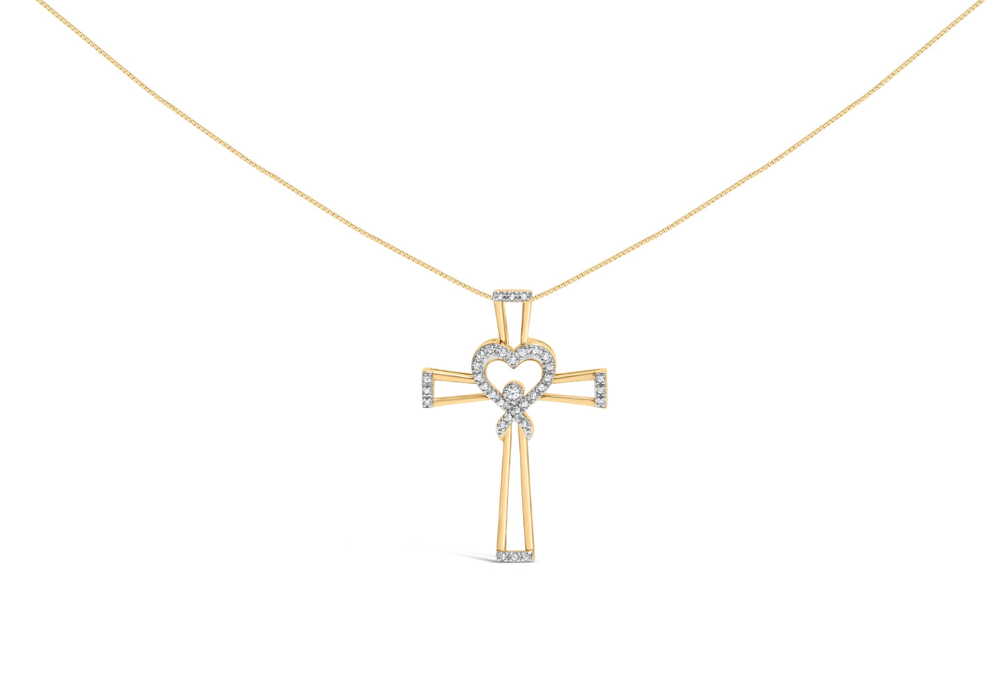 14K Yellow Gold Plated .925 Sterling Silver 1/6 Cttw Diamond Interlocking Heart and Ribbon Cross Pendant Necklace (H-I Color, I2-I3 Clarity) - 18" Inches Bids.com