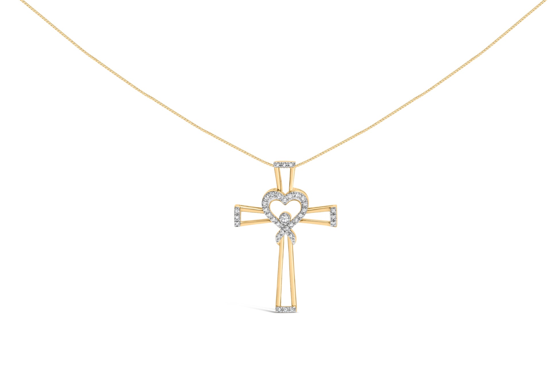 14K Yellow Gold Plated .925 Sterling Silver 1/6 Cttw Diamond Interlocking Heart and Ribbon Cross Pendant Necklace (H-I Color, I2-I3 Clarity) - 18" Inches Bids.com