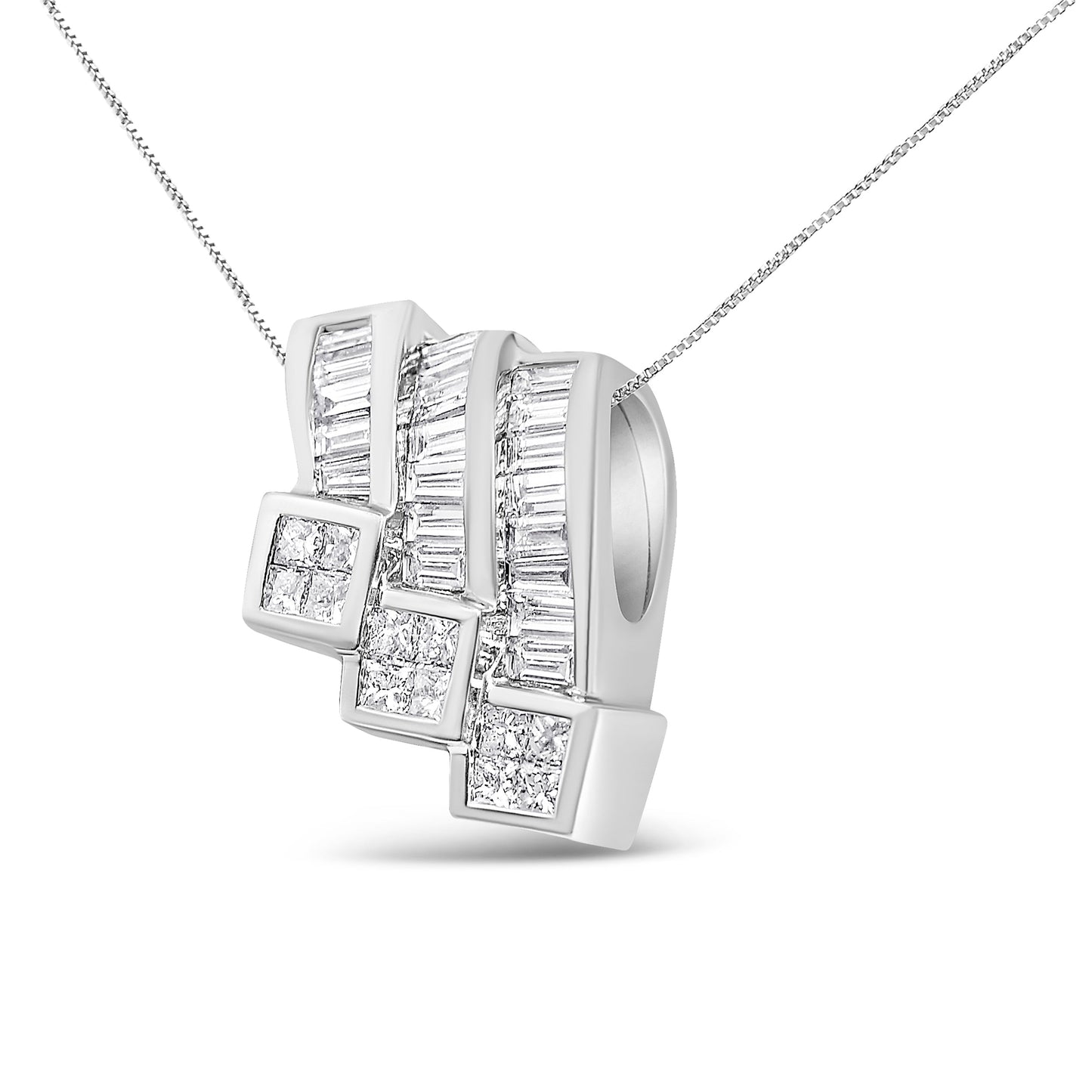 14K White Gold 1 1/2 Cttw Invisible Set Princess and Channel Set Baguette-cut Diamond Triple Curve Pendant Necklace (G-H Color, SI1-SI2 Clarity) - NO CHAIN INCLUDED Bids.com