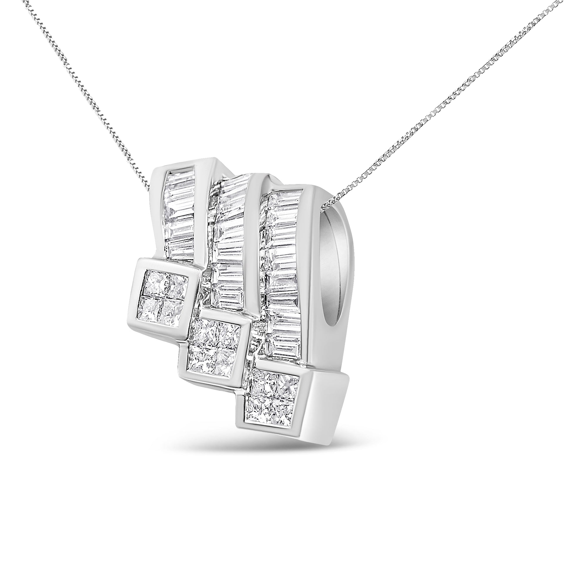 14K White Gold 1 1/2 Cttw Invisible Set Princess and Channel Set Baguette-cut Diamond Triple Curve Pendant Necklace (G-H Color, SI1-SI2 Clarity) - NO CHAIN INCLUDED Bids.com