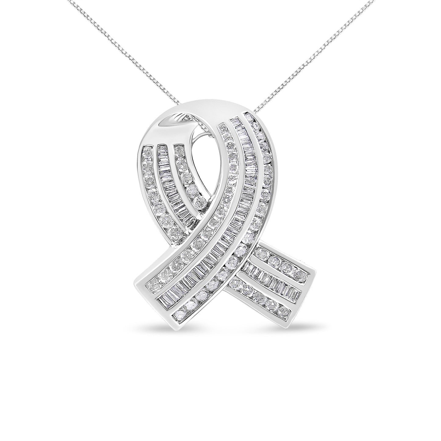 14K White Gold 2 5/8 Cttw Channel Set Round and Baguette Diamond Awareness Ribbon Pendant (H-I Color, I1-I2 Clarity) - Chain Not Included Bids.com