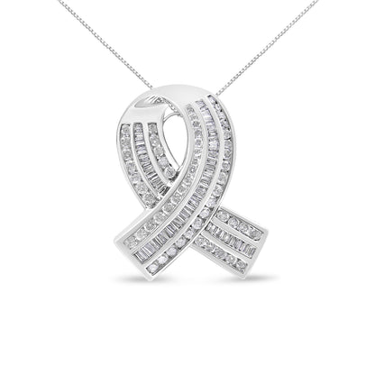 14K White Gold 2 5/8 Cttw Channel Set Round and Baguette Diamond Awareness Ribbon Pendant (H-I Color, I1-I2 Clarity) - Chain Not Included Bids.com