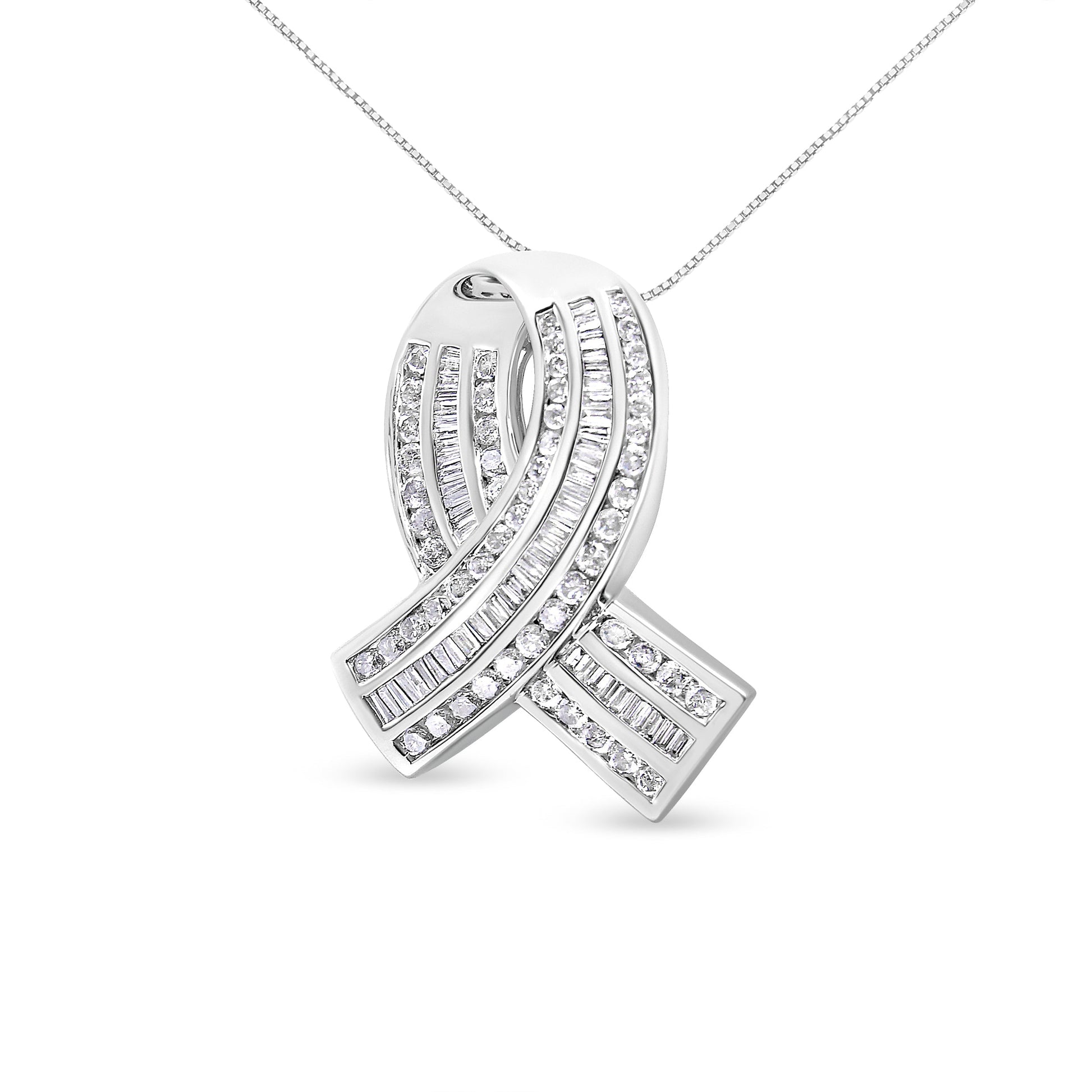 14K White Gold 2 5/8 Cttw Channel Set Round and Baguette Diamond Awareness Ribbon Pendant (H-I Color, I1-I2 Clarity) - Chain Not Included Bids.com
