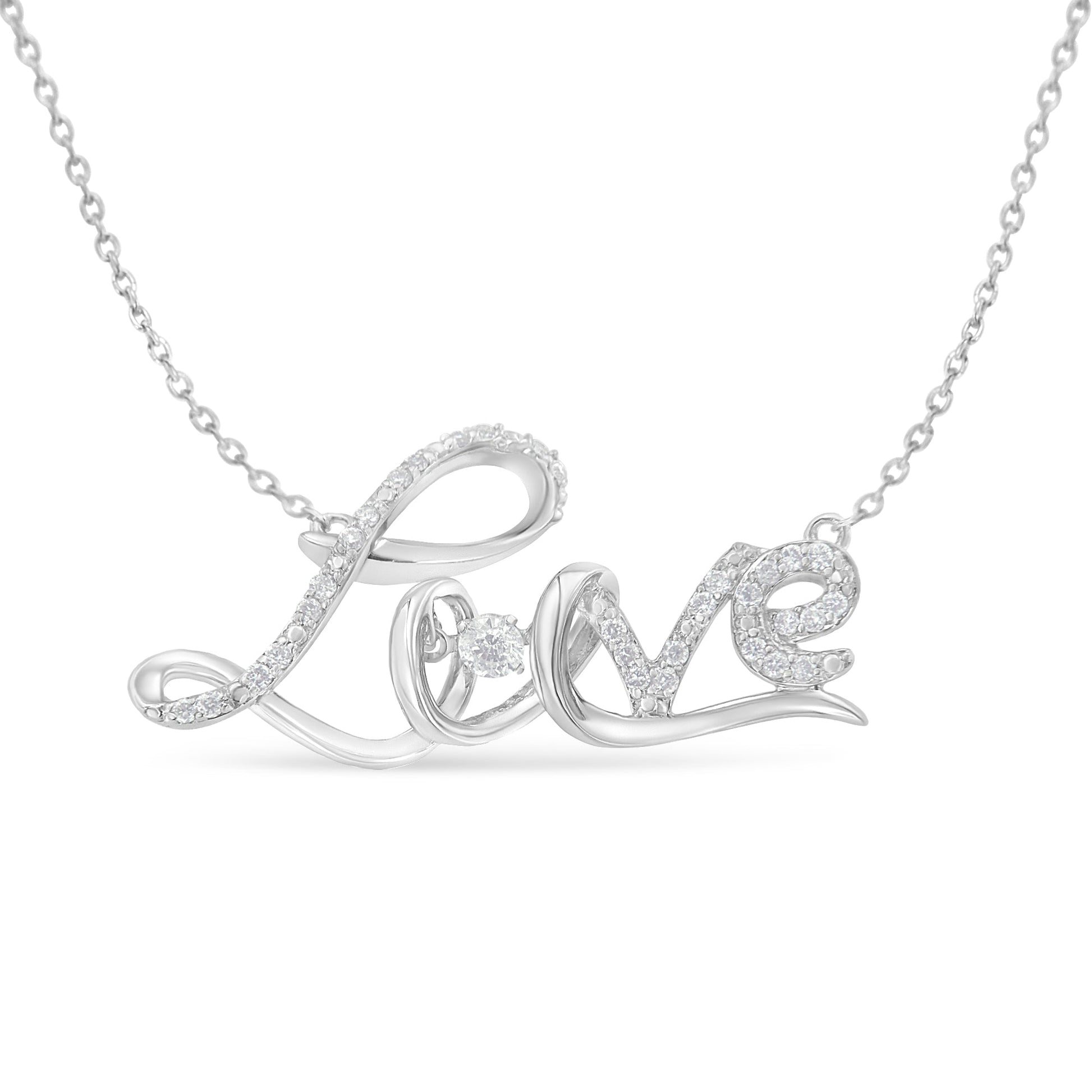 .925 Sterling Silver 1/4 Cttw Diamond Cursive "Love" 18" Pendant Necklace (H-I Color, I1-I2 Clarity) Bids.com