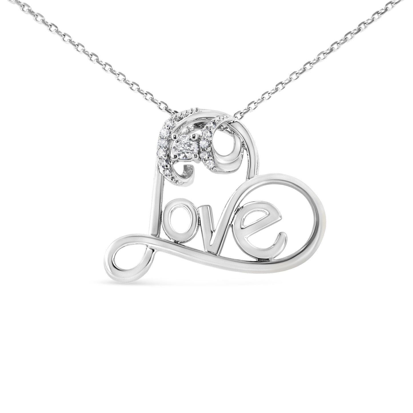 .925 Sterling Silver 1/10 Cttw Round Brilliant-Cut Diamond Accented Open Heart with Love 18" Pendant Necklace (H-I Color, I1-I2 Clarity) Bids.com
