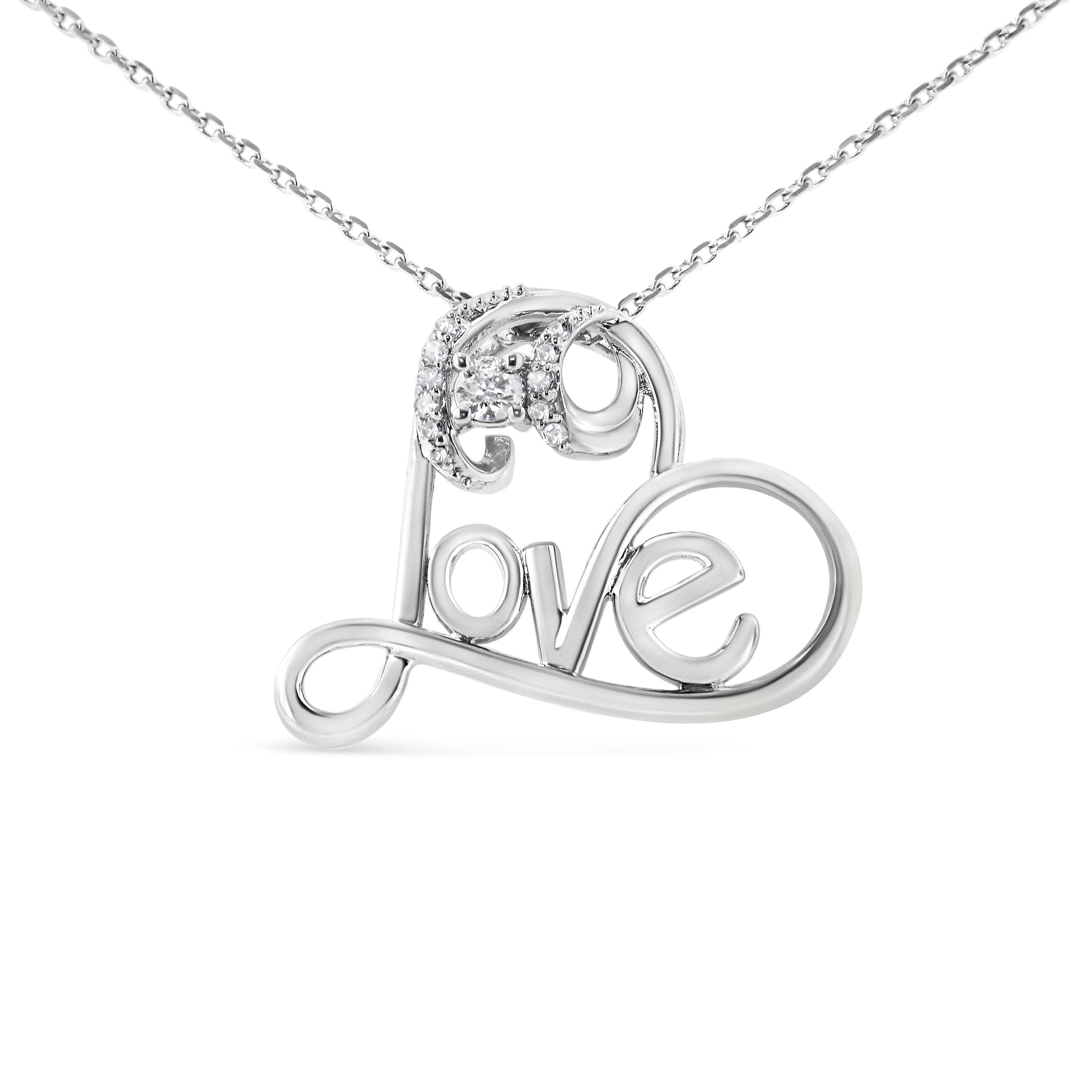 .925 Sterling Silver 1/10 Cttw Round Brilliant-Cut Diamond Accented Open Heart with Love 18" Pendant Necklace (H-I Color, I1-I2 Clarity) Bids.com