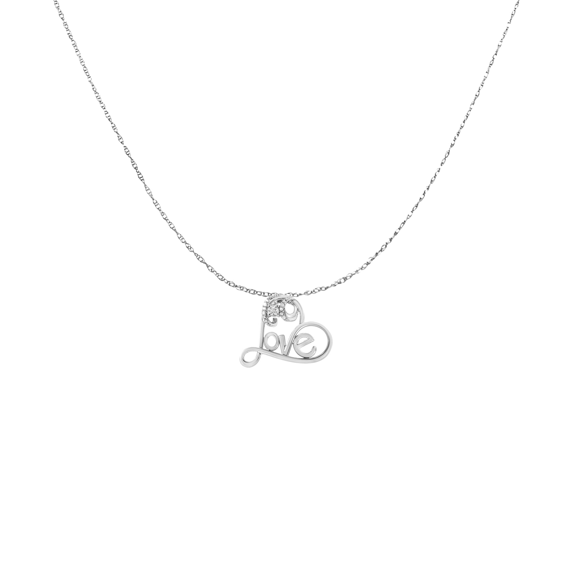 .925 Sterling Silver 1/10 Cttw Round Brilliant-Cut Diamond Accented Open Heart with Love 18" Pendant Necklace (H-I Color, I1-I2 Clarity) Bids.com
