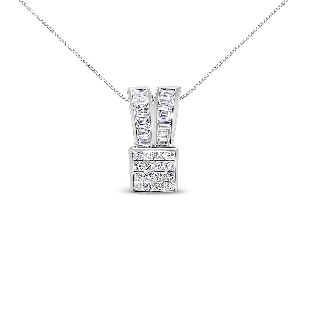 14K White Gold 1 5/8 cttw Princess and Baguette Cut Diamond Heart Ribbon Pendant Necklace (G-H, VS1-VS2) Bids.com