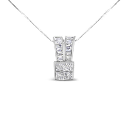 14K White Gold 1 5/8 cttw Princess and Baguette Cut Diamond Heart Ribbon Pendant Necklace (G-H, VS1-VS2) Bids.com