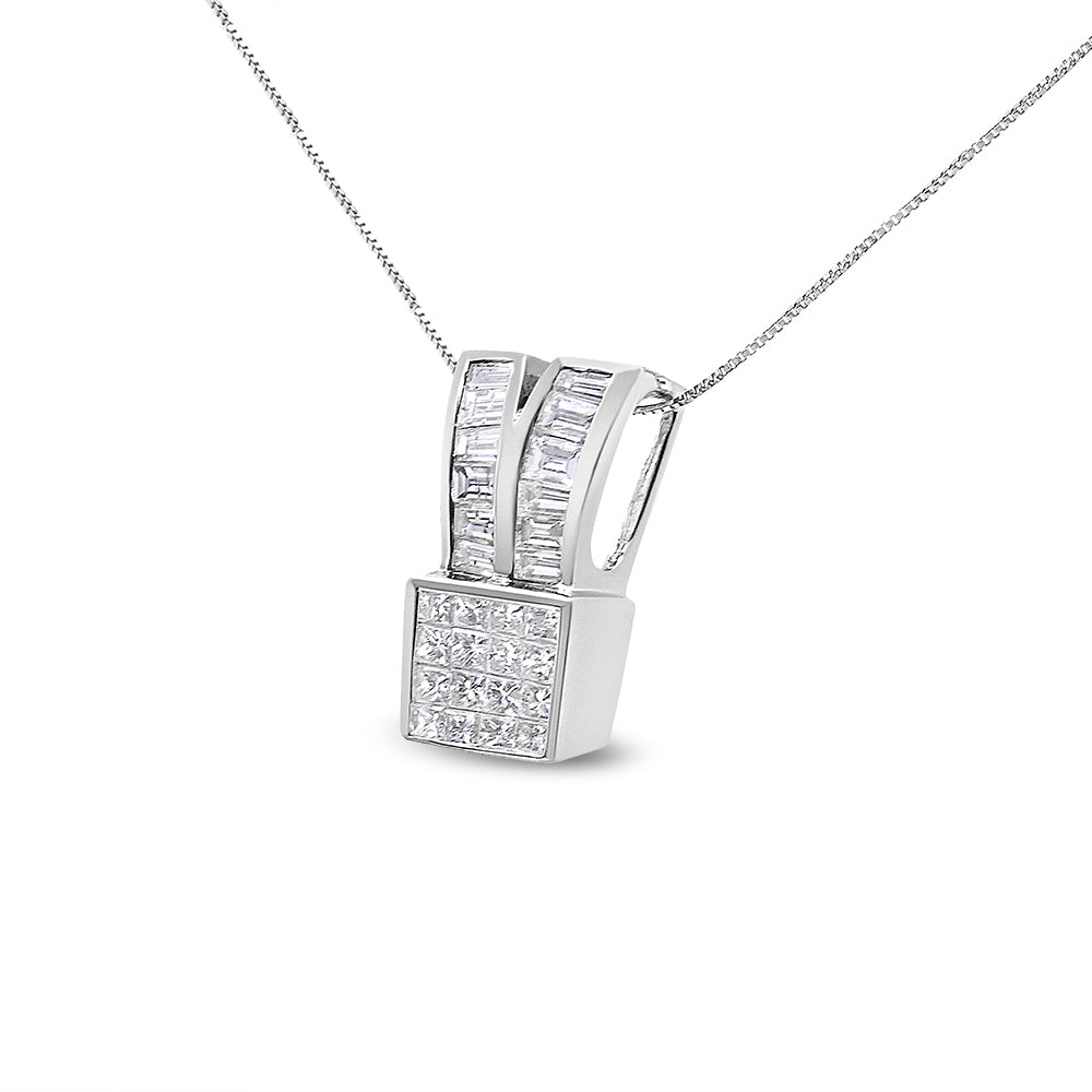 14K White Gold 1 5/8 cttw Princess and Baguette Cut Diamond Heart Ribbon Pendant Necklace (G-H, VS1-VS2) Bids.com