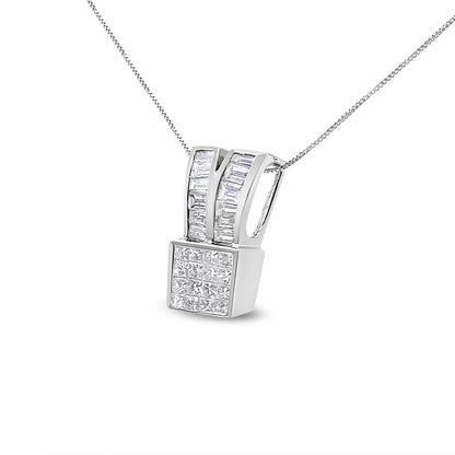 14K White Gold 1 5/8 cttw Princess and Baguette Cut Diamond Heart Ribbon Pendant Necklace (G-H, VS1-VS2) Bids.com