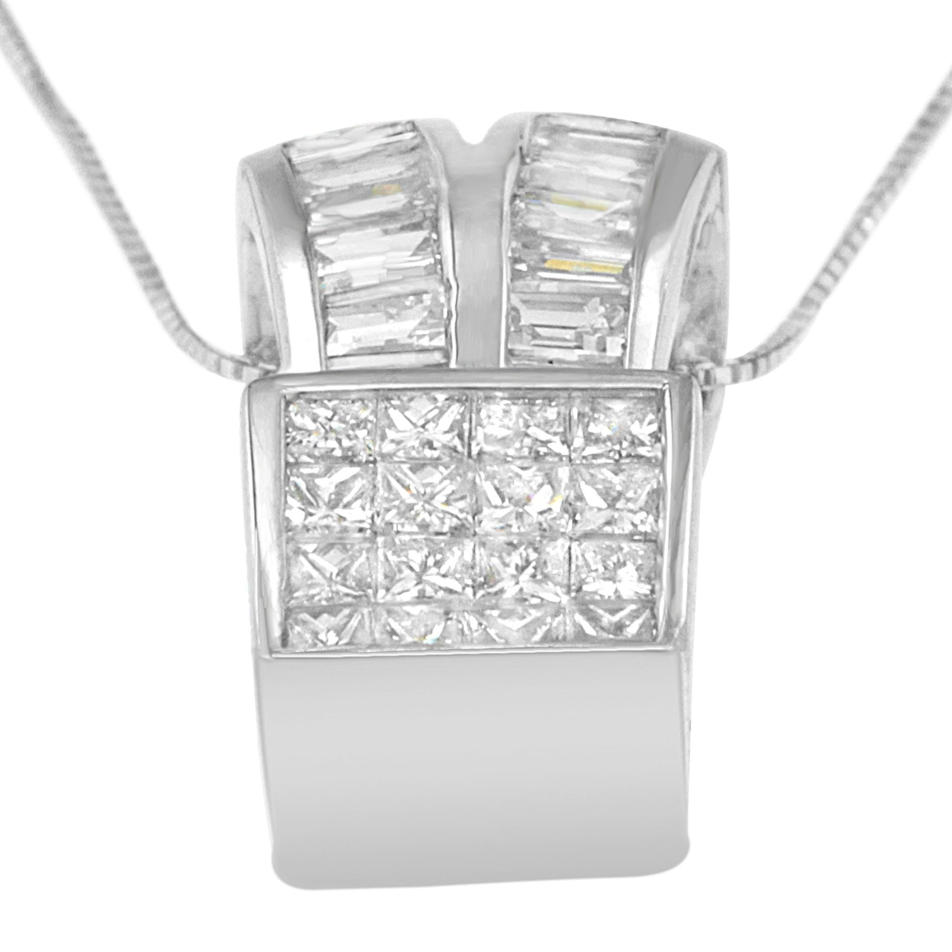 14K White Gold 1 5/8 cttw Princess and Baguette Cut Diamond Heart Ribbon Pendant Necklace (G-H, VS1-VS2) Bids.com