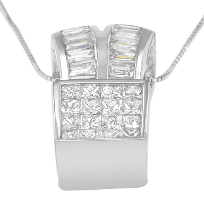 14K White Gold 1 5/8 cttw Princess and Baguette Cut Diamond Heart Ribbon Pendant Necklace (G-H, VS1-VS2) Bids.com
