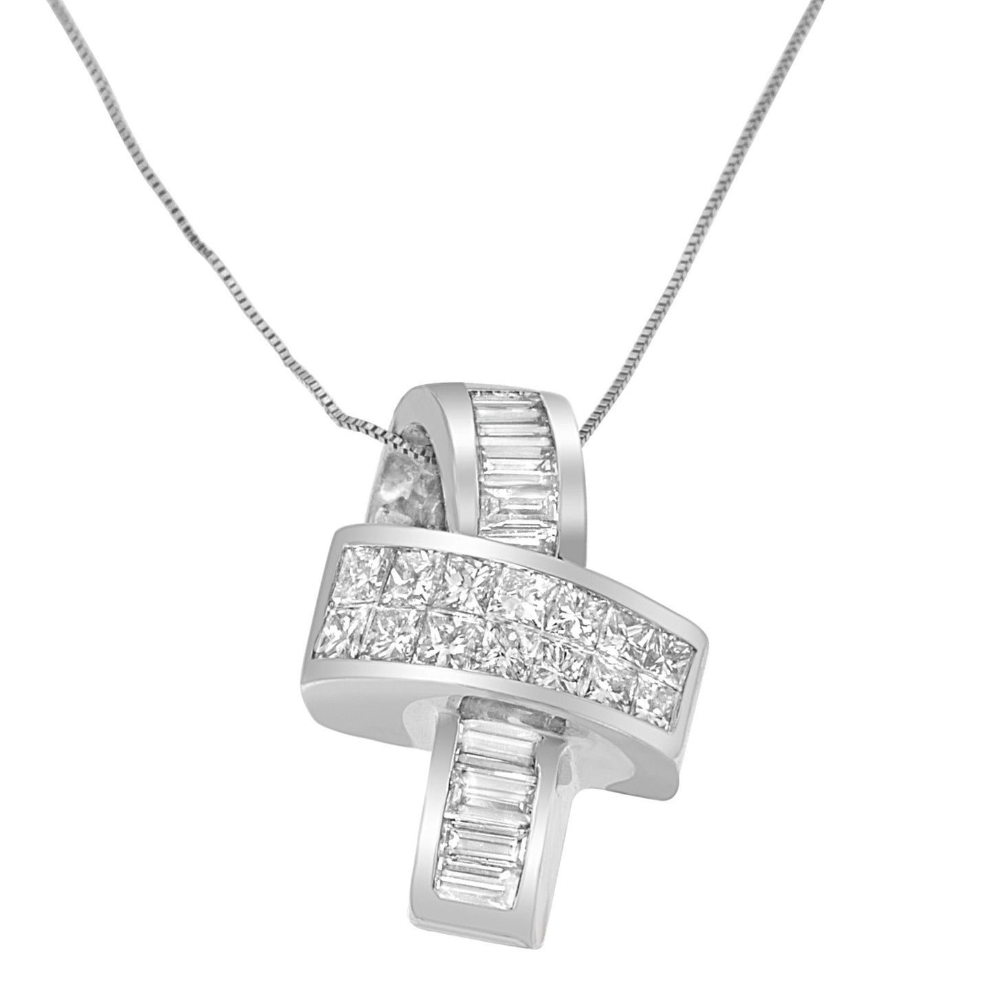 14K White Gold 2 cttw Princess and Baguette Cut Diamond Ribbon Pendant Necklace (H-I, SI-SI2) Bids.com