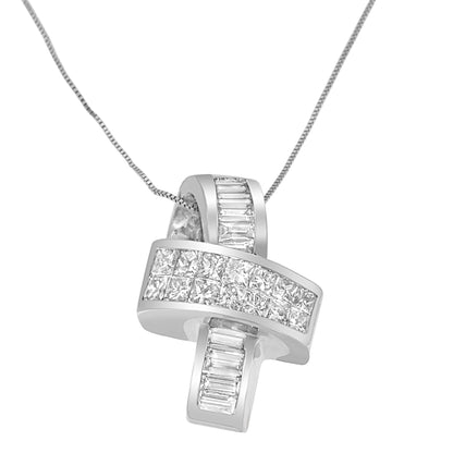 14K White Gold 2 cttw Princess and Baguette Cut Diamond Ribbon Pendant Necklace (H-I, SI-SI2) Bids.com