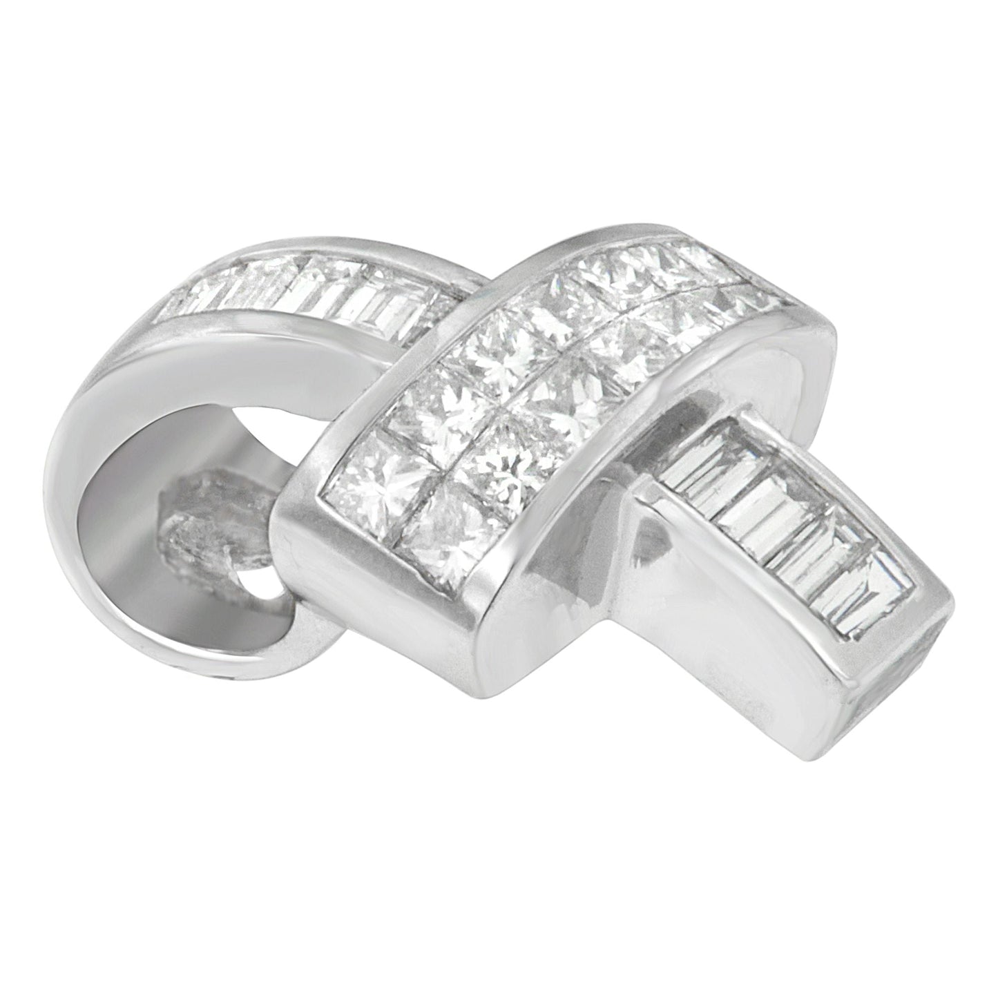 14K White Gold 2 cttw Princess and Baguette Cut Diamond Ribbon Pendant Necklace (H-I, SI-SI2) Bids.com