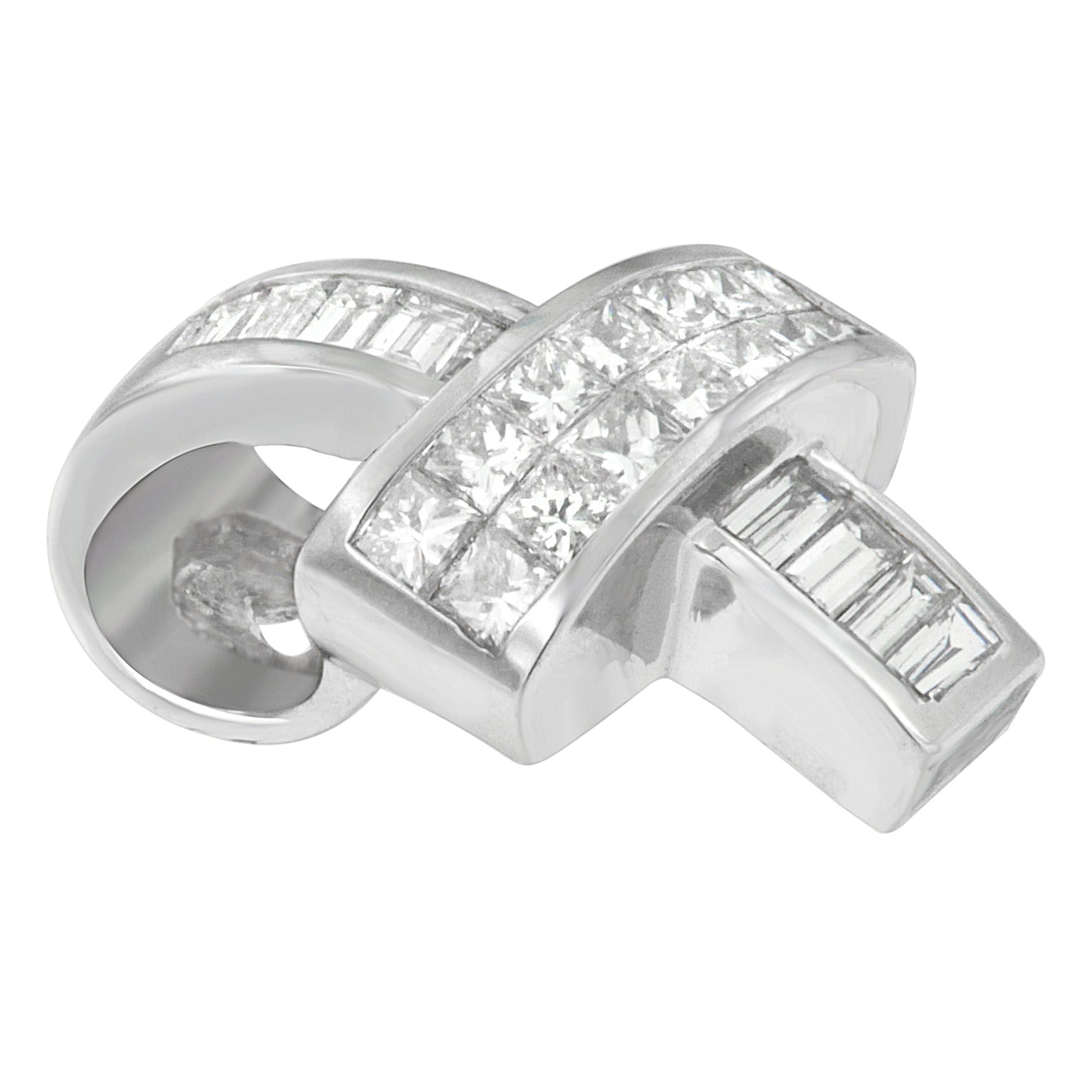 14K White Gold 2 cttw Princess and Baguette Cut Diamond Ribbon Pendant Necklace (H-I, SI-SI2) Bids.com